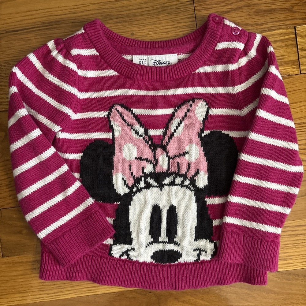 Baby Gap x Disney Collab Minnie Mouse Stripe Pink Sweater Bow Size 12-18 Months